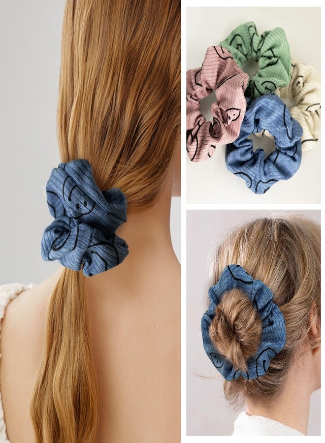 Eunoir 4PCS Large Corduroy Hair Scrunchies for Women and Girls, Thick Elastic No Damage No Crease Hair Ties, Cute Happy Face Series Fabric Hair Accessories (Classic) - Image 4